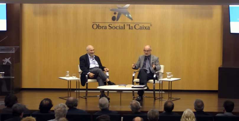 Captura del debate entre Joseph Stiglitz y Antoni Castells organizado por la Obra Social la Caixa sobre el futuro del euro