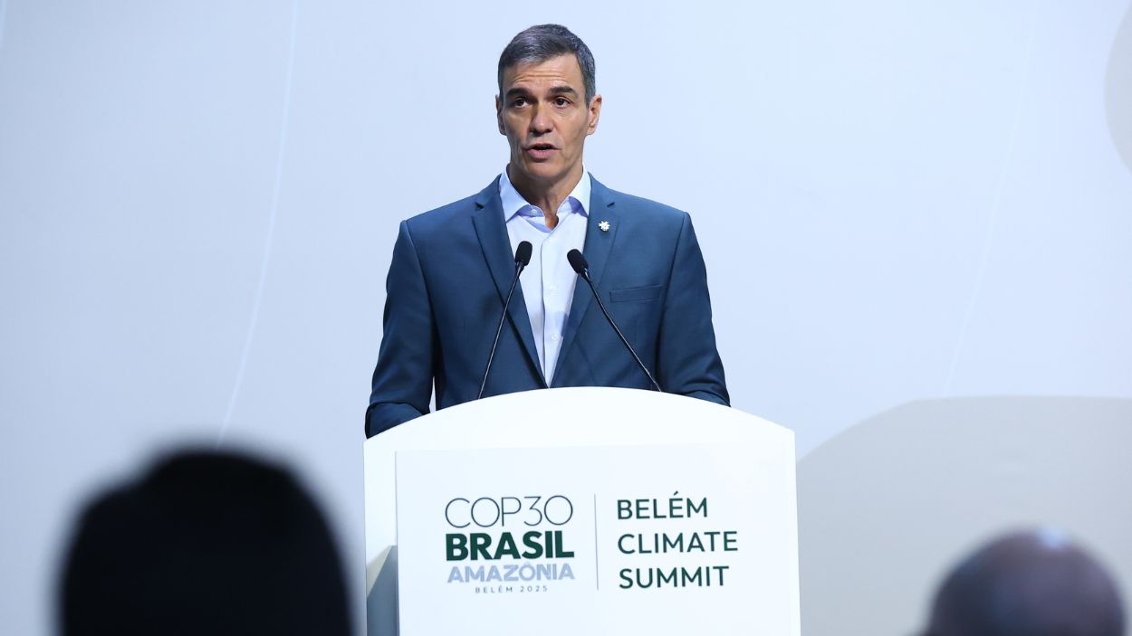 El presidente del Gobierno español, Pedro Sánchez, desde una comparecencia en la COP30 en Brasil. EP.