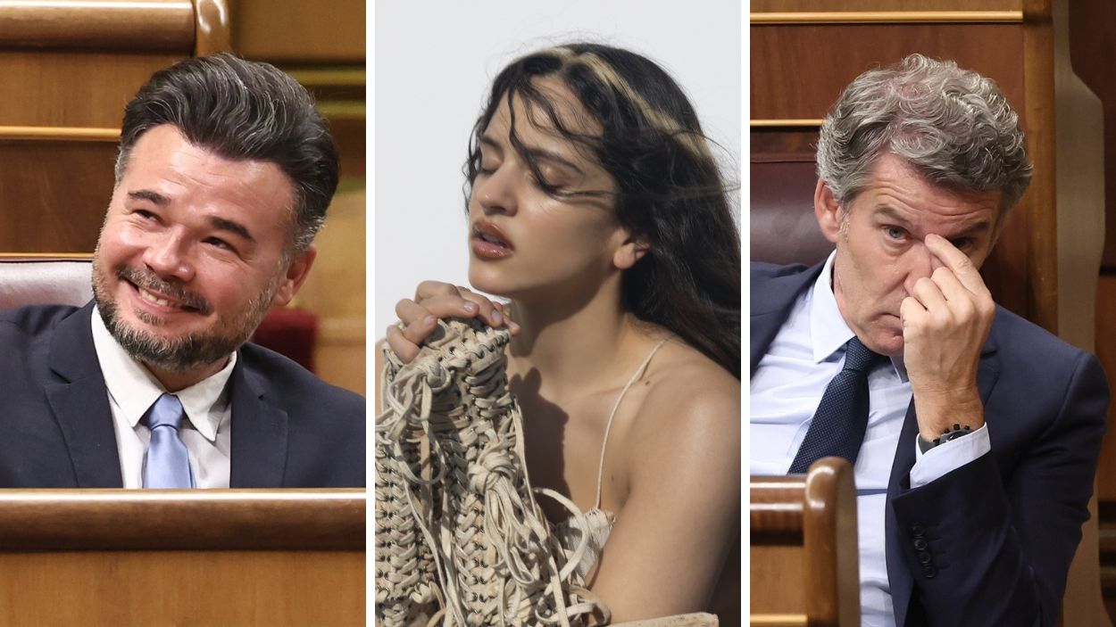 Fotomontaje de Gabriel Rufián, Rosalía y Alberto Núñez Feijóo. Elaboración propia.