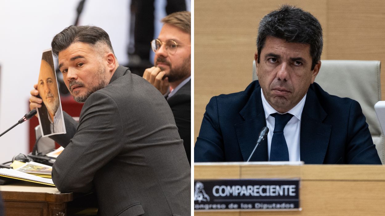 El portavoz de ERC en el Congreso, Gabriel Rufián y el presidente en funciones de la Generalitat valenciana, Carlos Mazón. EP.
