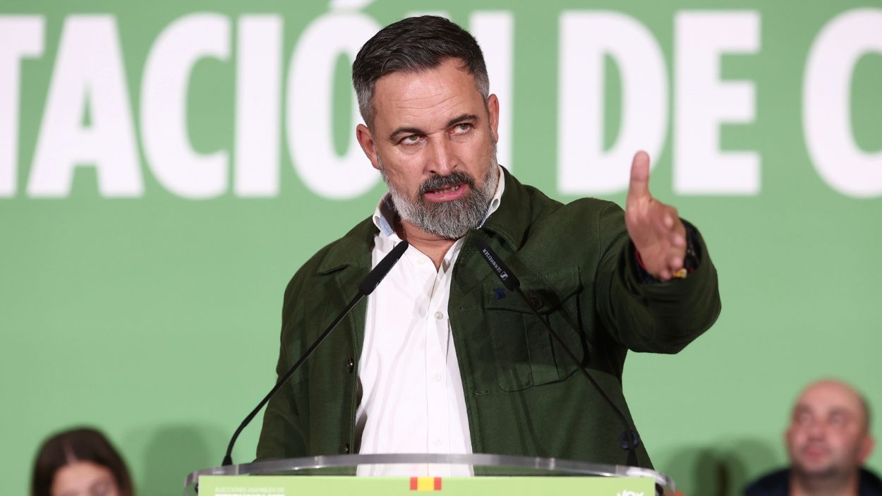 Santiago Abascal en un acto de Vox para la presentación de candidatos del partido en Mérida, ante las elecciones de Extremadura en diciembre de 2025. EP.