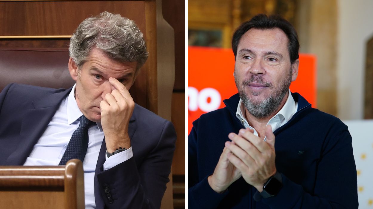 El presidente del Partido Popular, Alberto Núñez Feijóo y El ministro de Transportes y Movilidad Sostenible, Óscar Puente. EP.