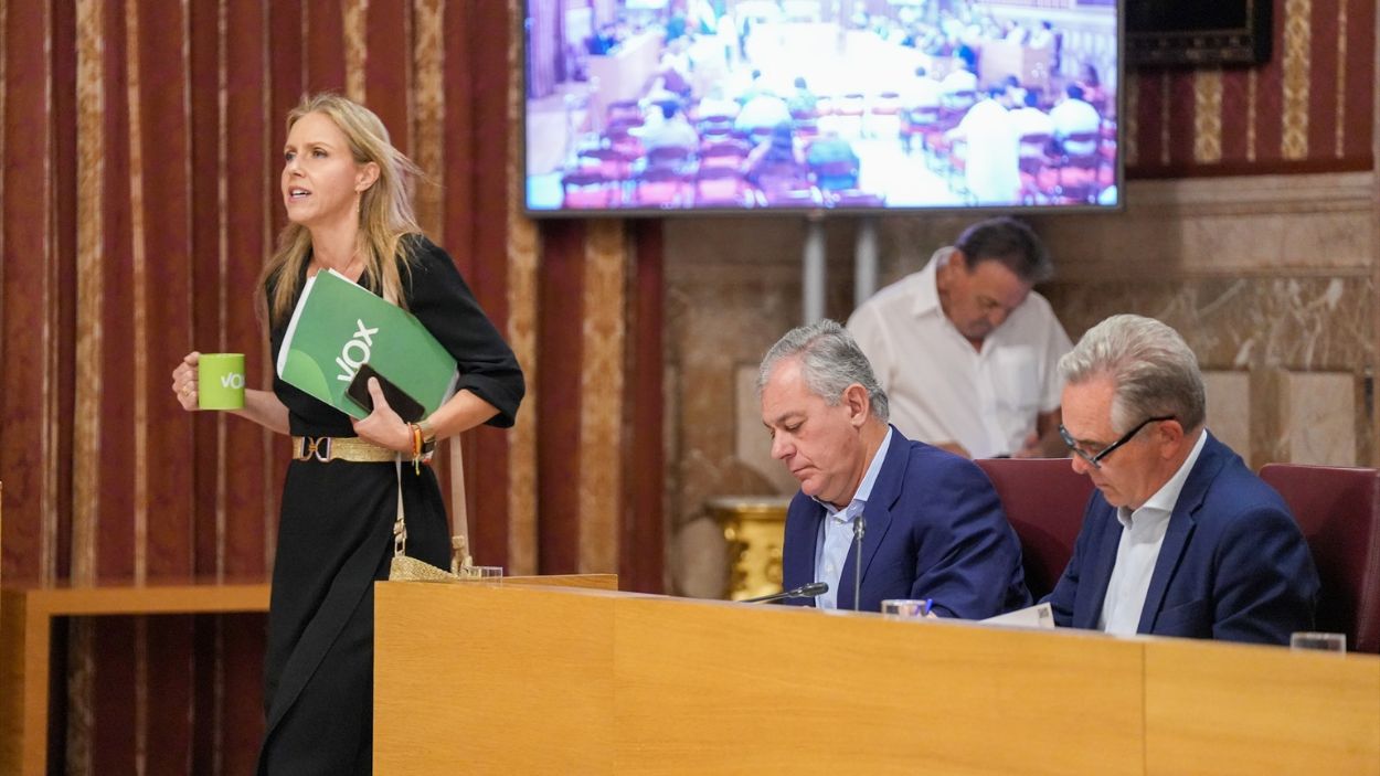 Cristina Peláez (Vox) y José Luis Sanz (PP)  en el pleno del Ayuntamiento de Sevilla / EP