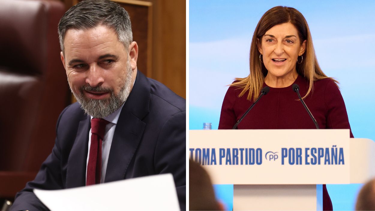 El líder de Vox, Santiago Abascal, y la jefa del PP cántabro, María José Sáenz de Buruaga. Elaboración propia.