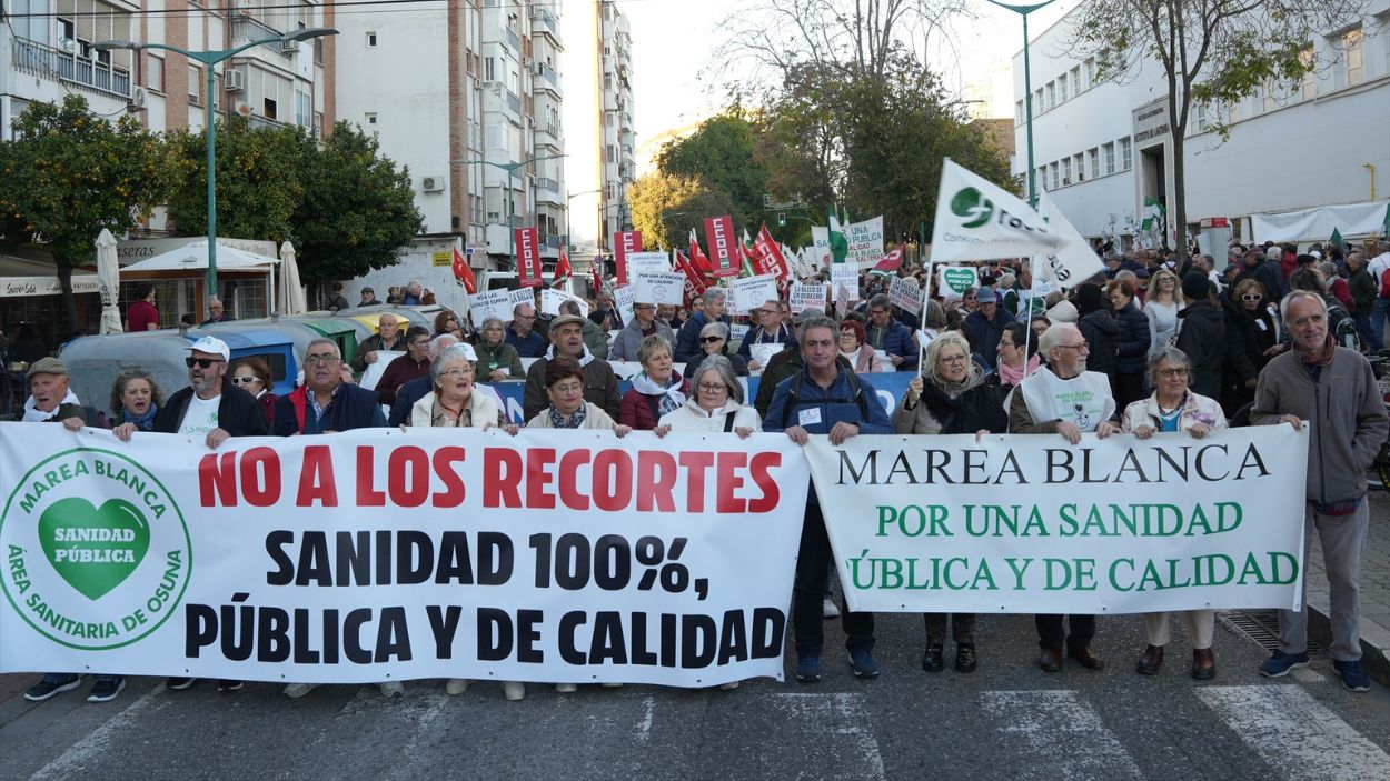 Manifestantes de Coordinadora de Mareas Blancas andaluzas camino al Parlamento andaluz / EP