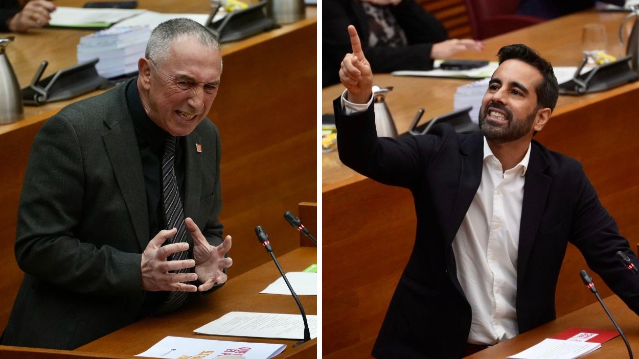 El síndic de Compromís Joan Baldoví y el síndic del PSPV Jose Muñoz durante el debate de investidura de Juanfran Pérez Llorca en Les Corts. Elaboración propia. 