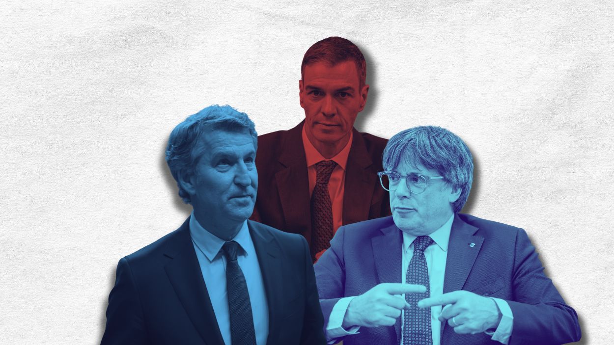 Fotomontaje de Alberto Núñez Feijóo, Pedro Sánchez y Carles Puigdemont. Elaboración propia M. A.