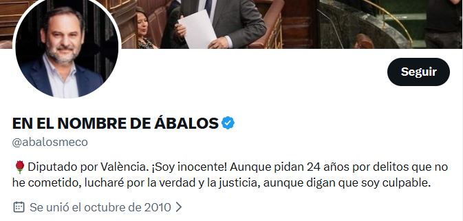 Captura de la nueva biografía del perfil de José Luis Ábalos en X.