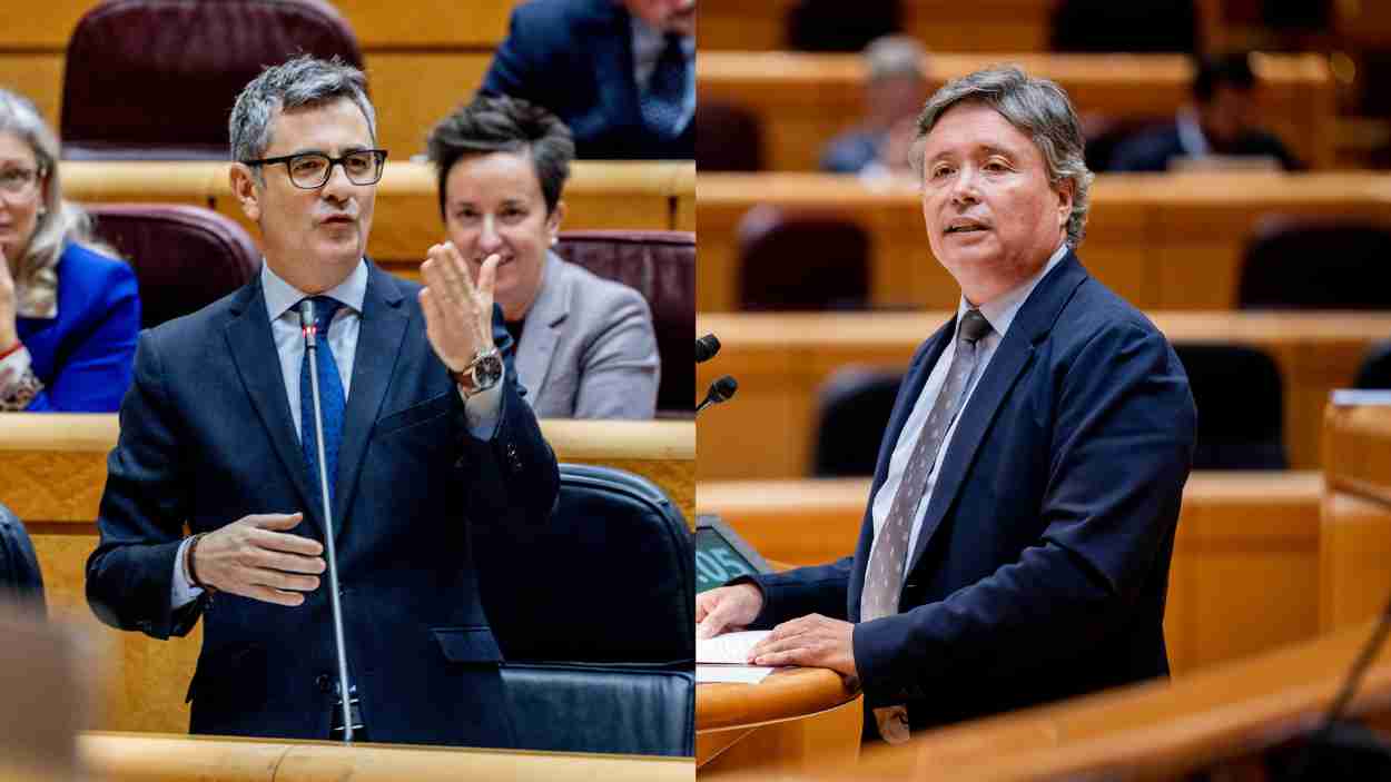 El ministro de la Presidencia, Justicia y Relaciones con las Cortes, Félix Bolaños, y el senador del PP Luis Javier Santamaría