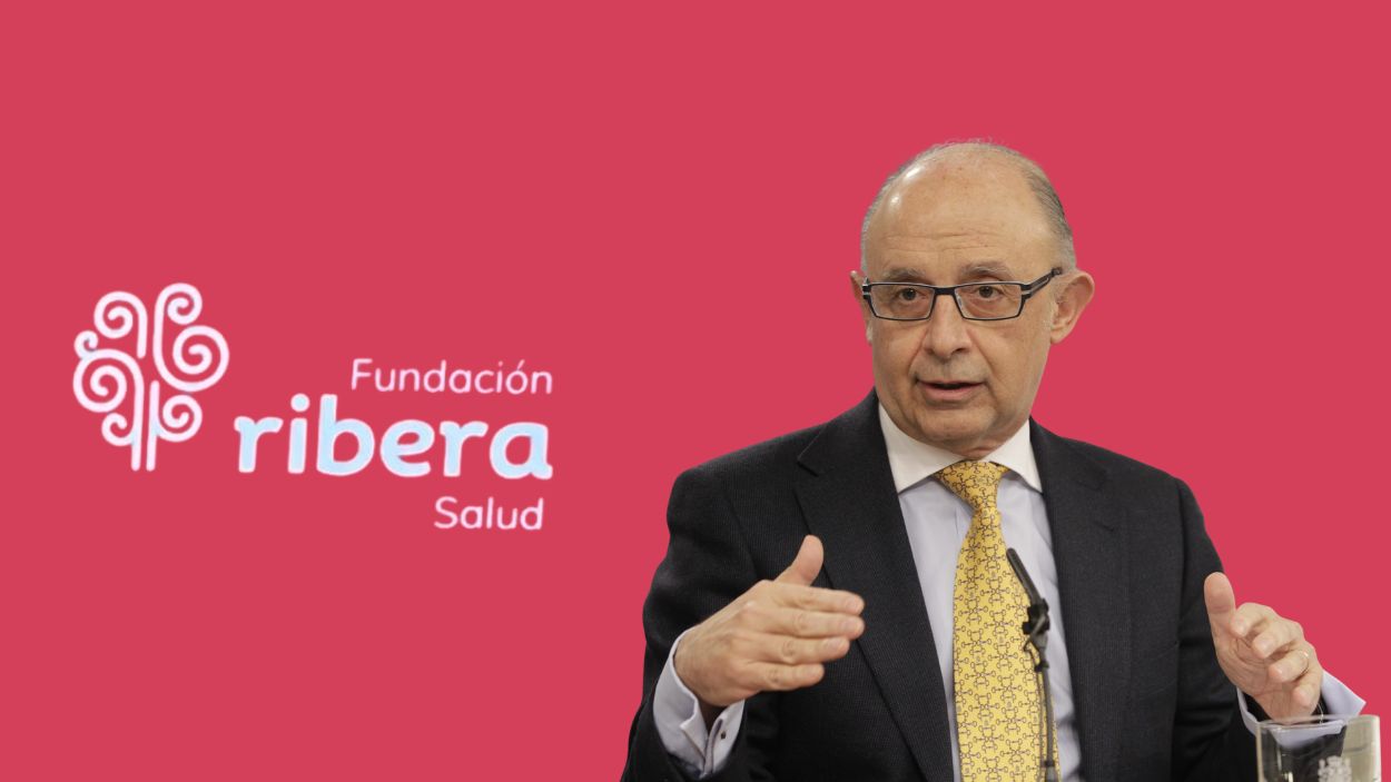 Logo de Ribera Salud junto al ex ministro de Hacienda, Cristóbal Montoro. Elaboración propia.