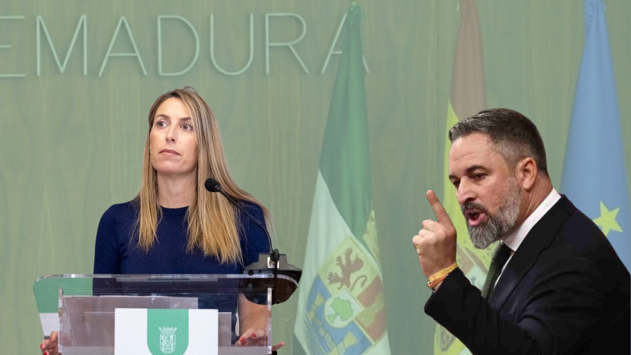 Fotomontaje con la presidenta de Extremadura, María Guardiola, y el líder de Vox, Santiago Abascal. Elaboración propia.