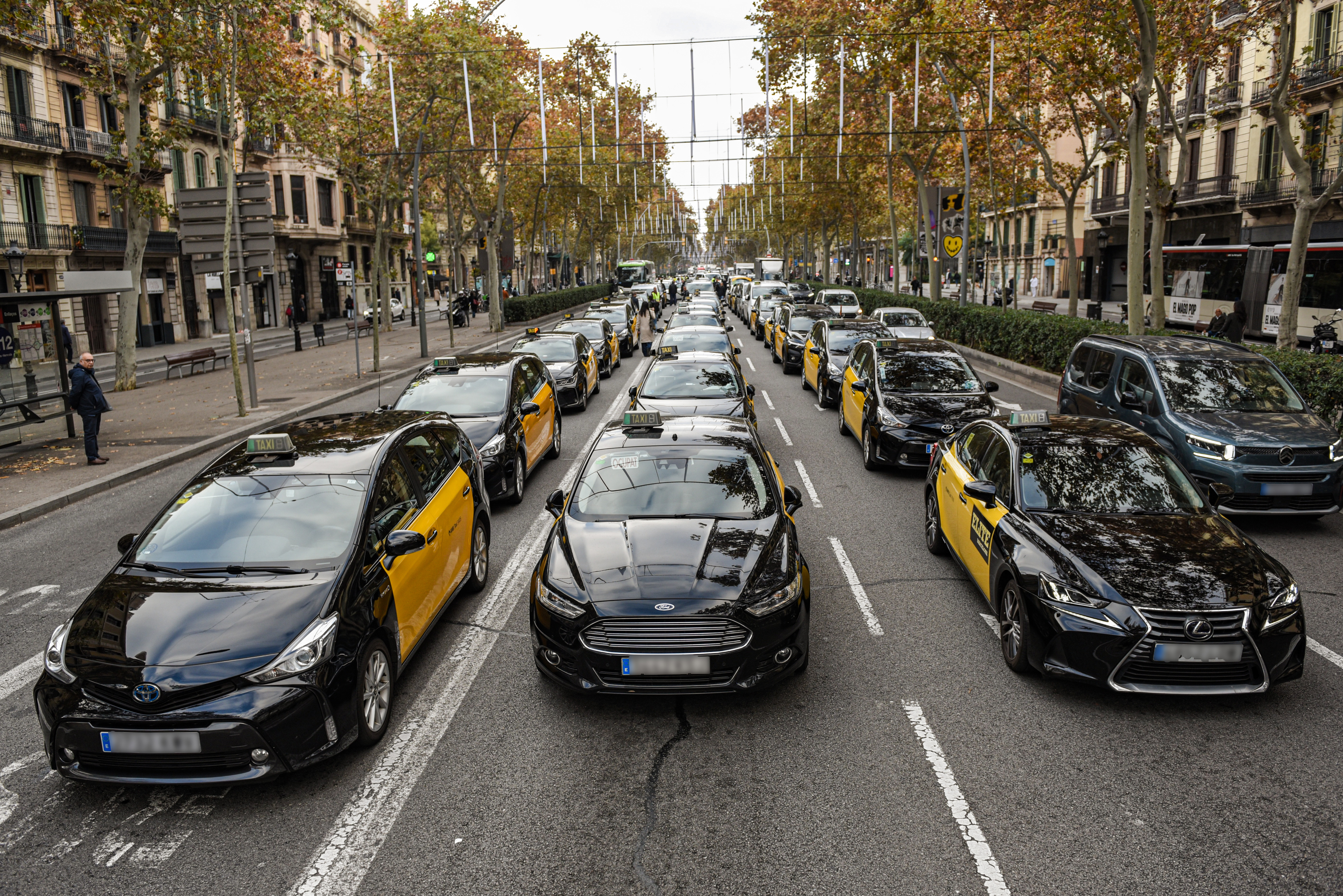 Varios taxis durante el paro general del sector a 9 de diciembre de 2025, en Barcelona. Alberto Paredes / EP
