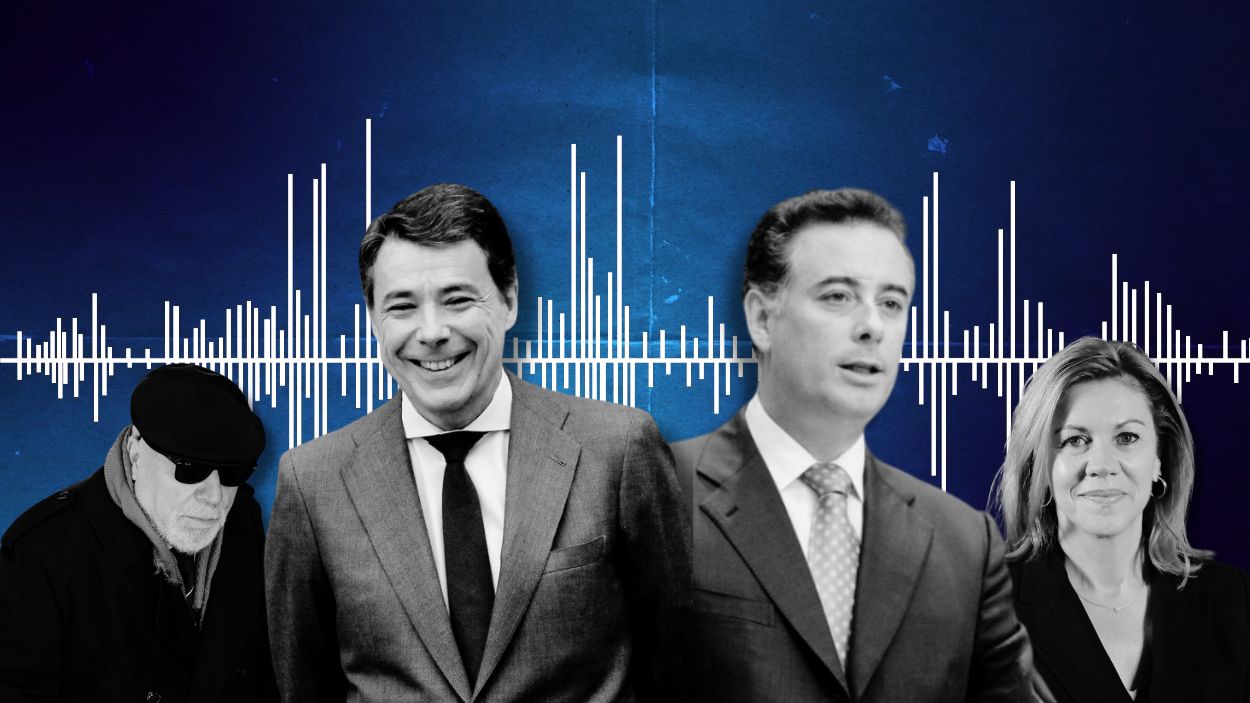 lustración de José Manuel Villarejo,  Ignacio González, Alberto López Viejo y María Dolores de Cospedal. Elaboración propia