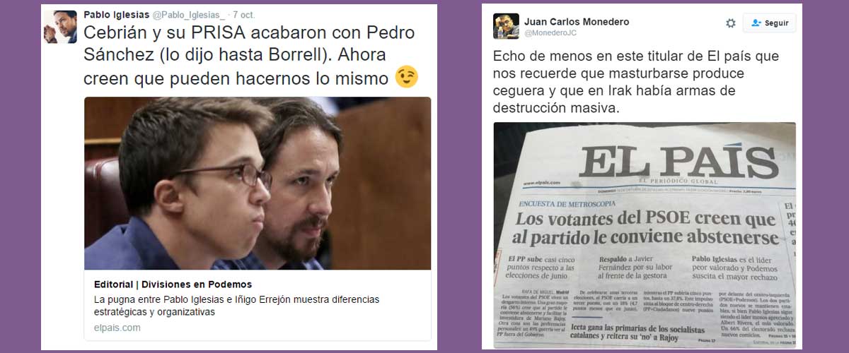 Tuits críticos con El País de Pablo Iglesias y Monedero