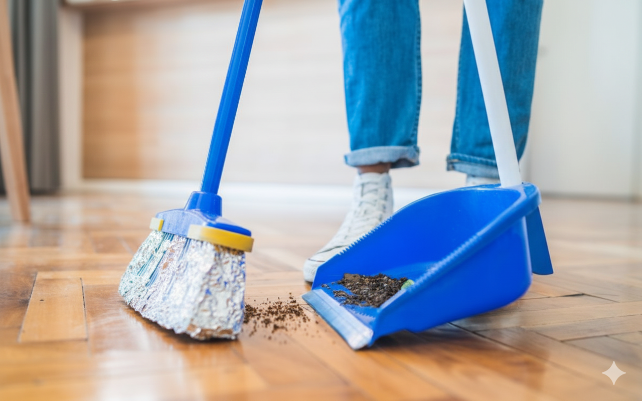 Barriendo con un cepillo cubierto de papel de aluminio