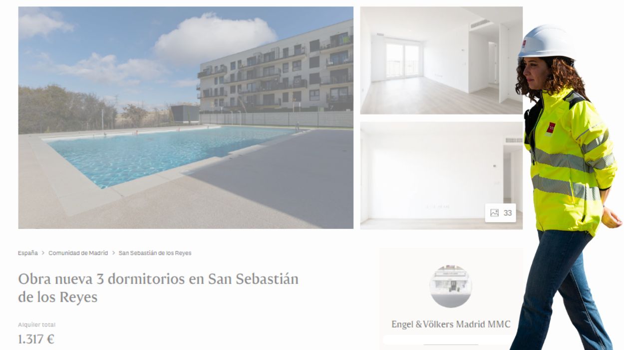 Ayuso publica los supuestos pisos asequibles del Plan Vive en una inmobiliaria de lujo. Montaje de elaboración propia.