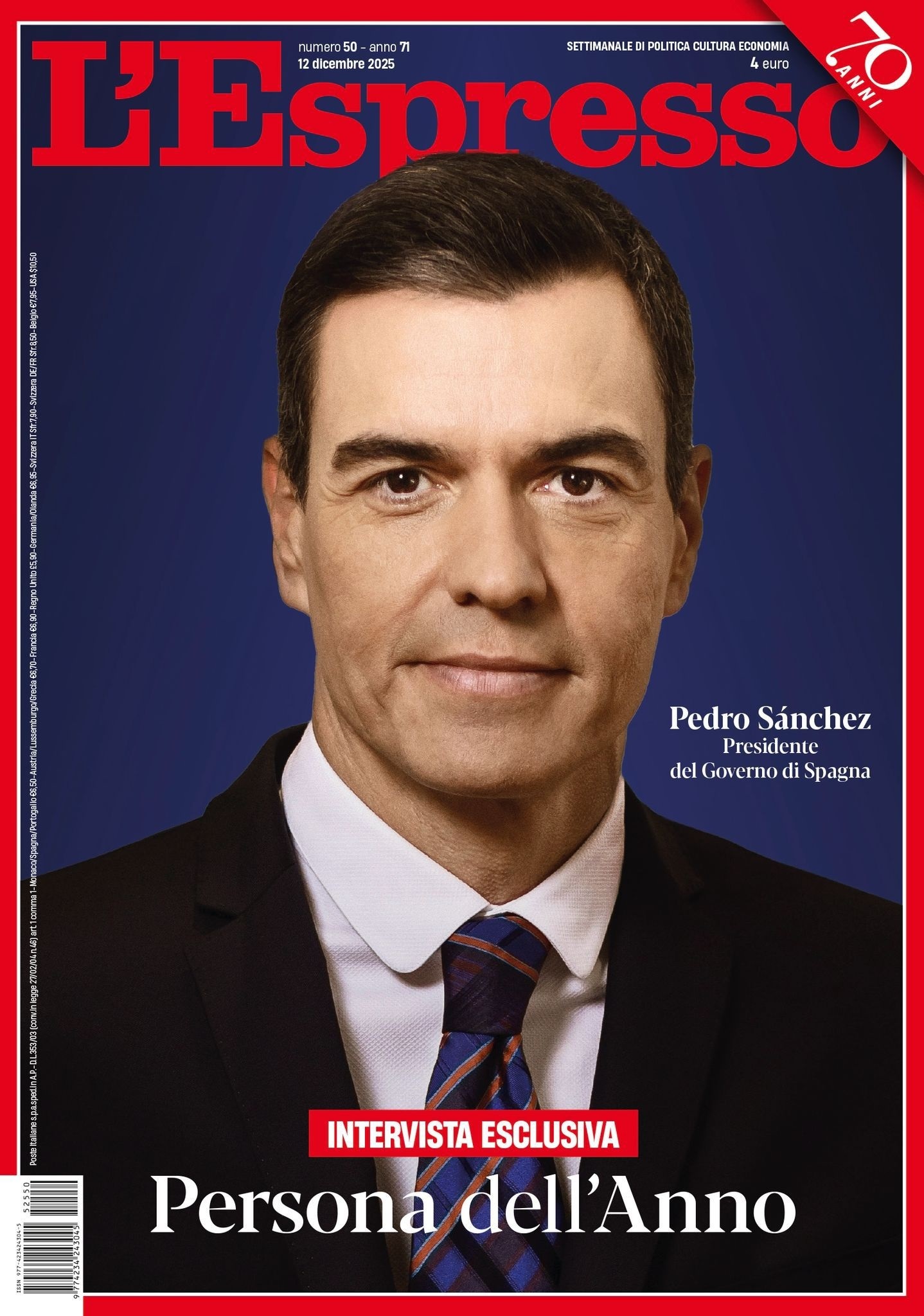 El presidente del Gobierno, Pedro Sánchez, Persona del Año para la revista italiana 'L'Espresso'. EP.