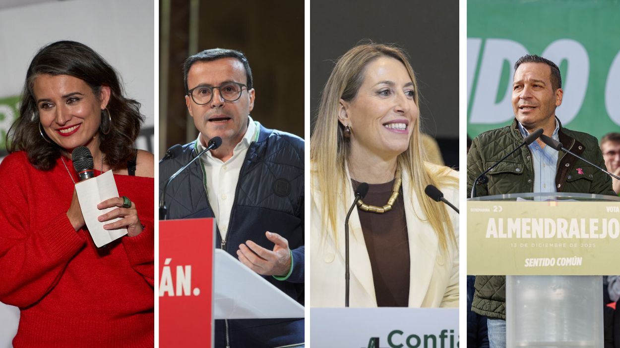 Los candidatos a las elecciones de Extremadura de Unidas Podemos, PSOE, PP y Vox (de izquierda a derecha). Montaje de elaboración propia.