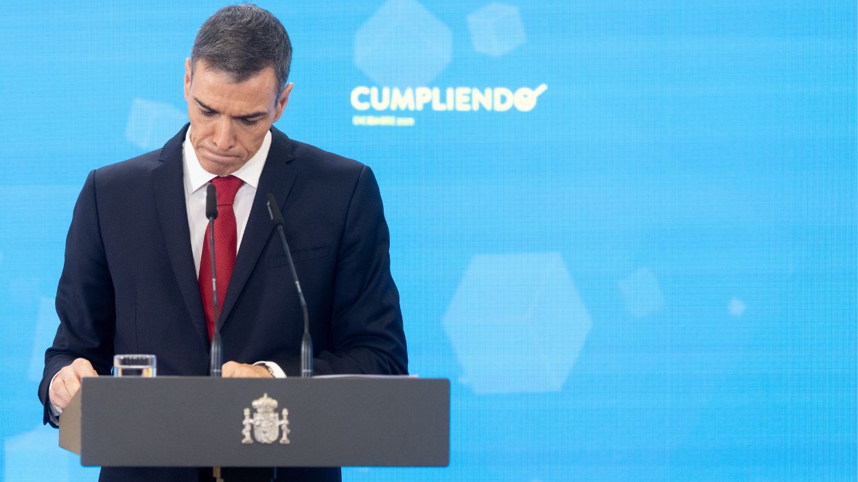 El presidente del Gobierno, Pedro Sánchez, en la presentación del informe de balance del cierre politico en 2025 en La Moncloa. EP.