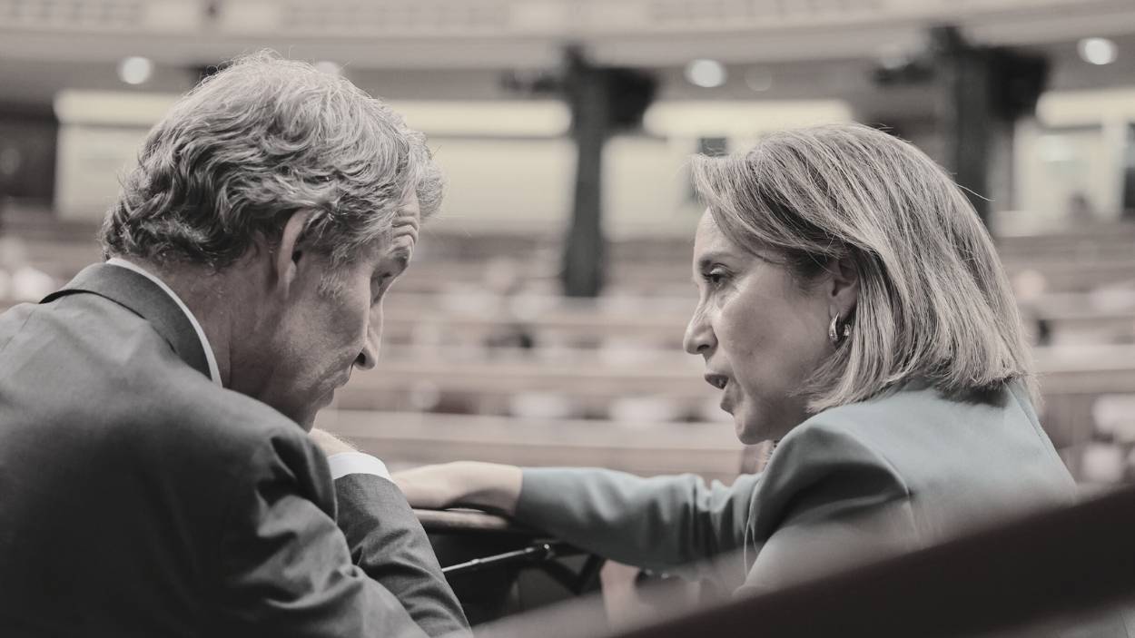 El presidente del PP, Alberto Núñez Feijóo y la diputada del PP Cuca Gamarra durante una sesión plenaria en el Congreso de los Diputados. EP/Archivo.