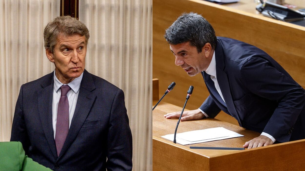 El líder del Partido Popular, Alberto Núñez Feijóo, y el expresidente de la Comunidad Valenciana Carlos Mazón.