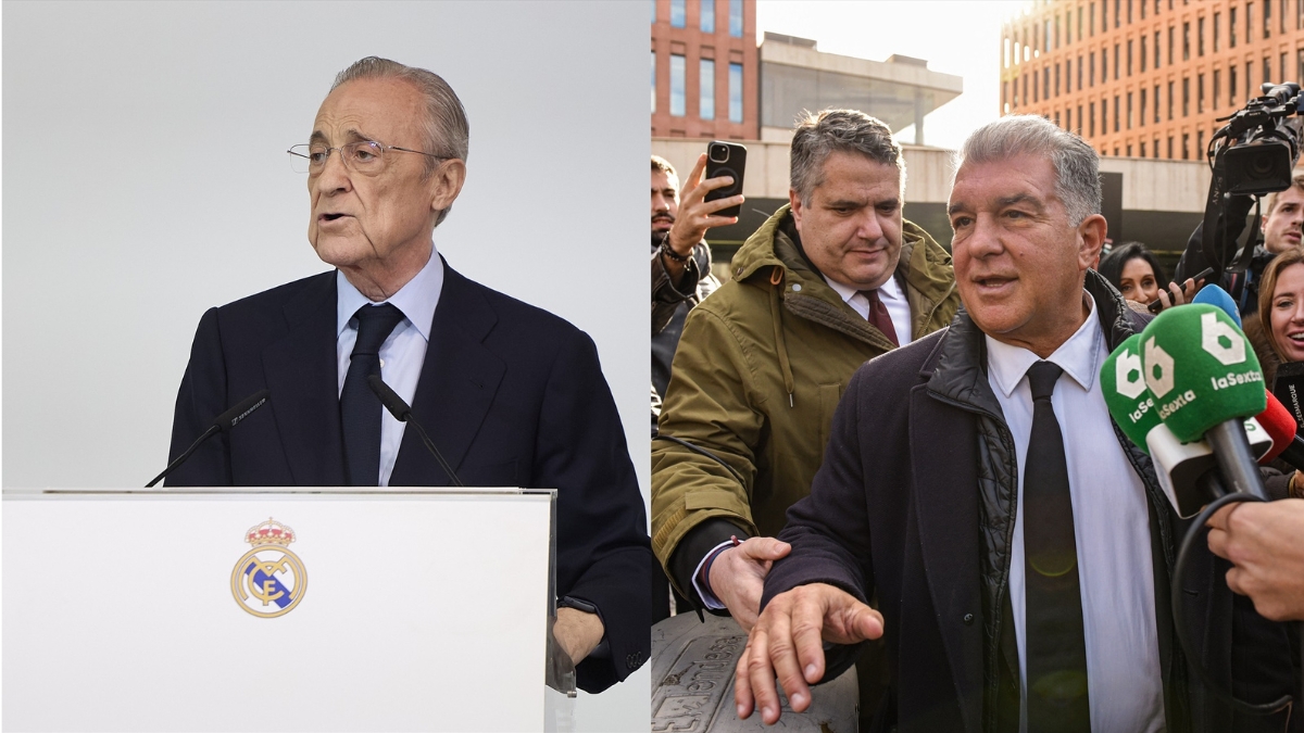 Florentino Pérez en una comparecencia y Laporta declarando como testigo| EP