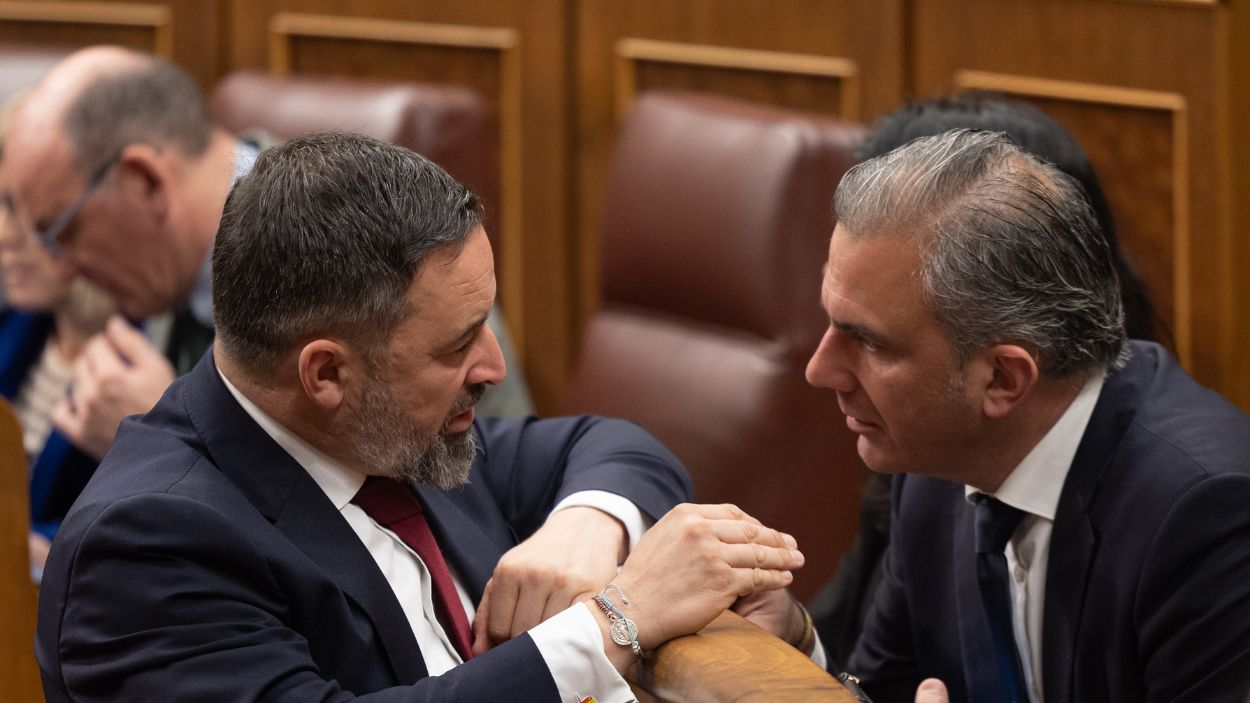 Santiago Abascal y Javier Ortega Smith durante una sesión plenaria en el Congreso de los Diputados. EP/Archivo.