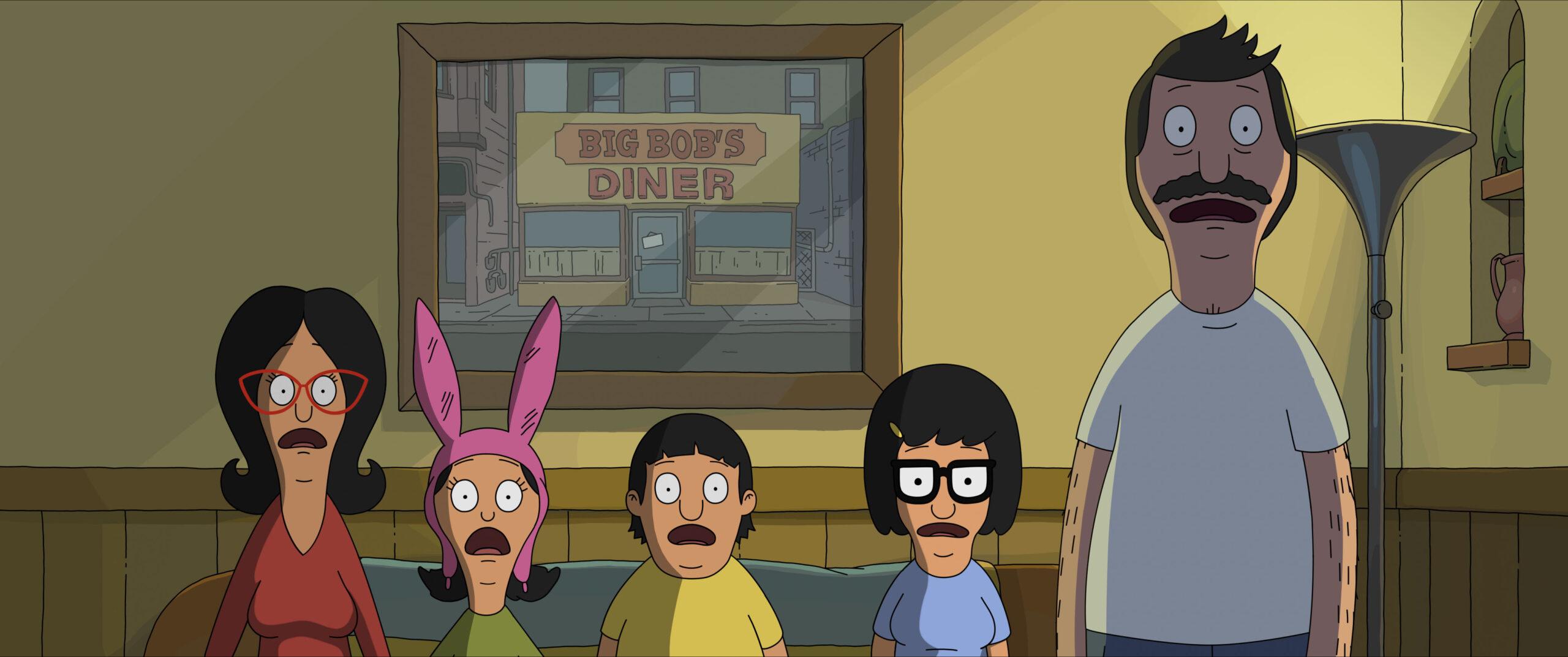 Linda Belcher (voiced by John Roberts), Louise Belcher (voiced by Kristen Schaal), Gene Belcher (voiced by Eugene Mirman), Tina Belcher (voiced by Dan Mintz), and Bob Belcher (voiced by H. Jon Benjamin) in 20th Century Studios’ THE BOB’S BURGERS MOVIE. Photo courtesy of 20th Century Studios. © 2022 20th Century Studios. All Rights Reserved.
