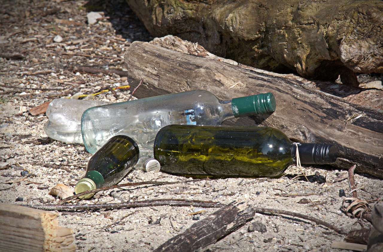 Unas botellas de vidrio, abandonadas en una playa.
