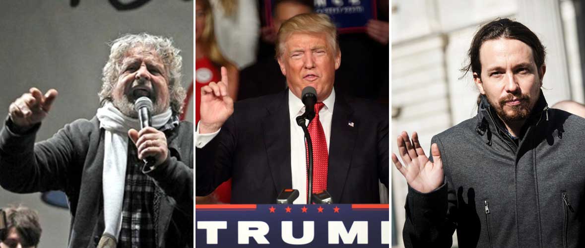 Beppo Grillo, Donald Trump y Pablo Iglesias. 