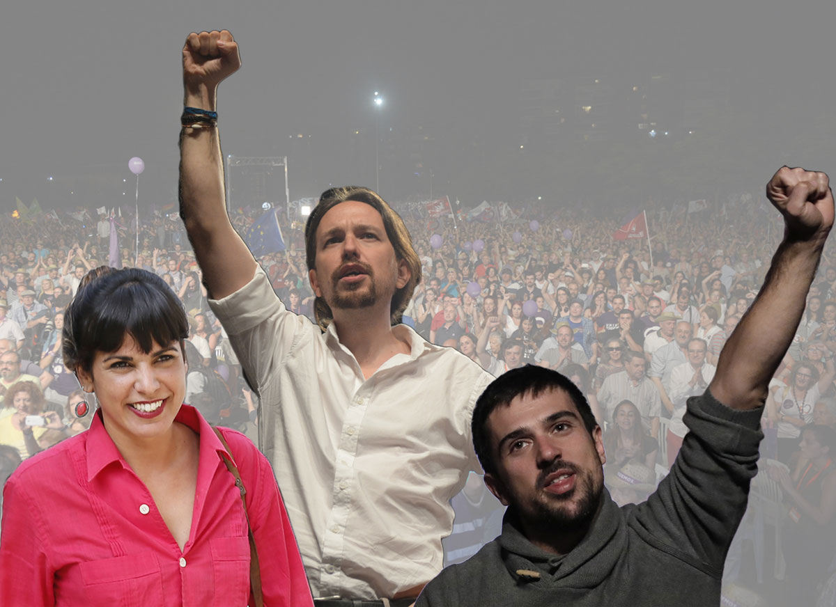 Pablo Iglesias, líder de Unidos Podemos, junto a los ganadores de las primarias en Andalucía y Madrid, Teresa Rodríguez y Ramón Espinar.