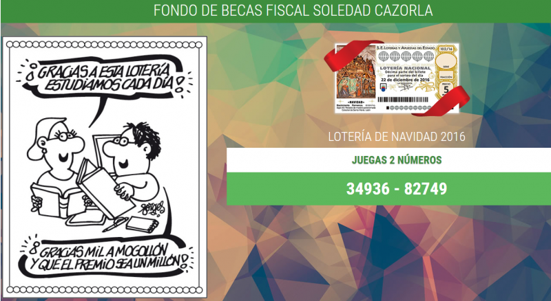 Publicidad de las becas de la Fundación Soledad Cazorla, con una ilustración de Forges para la ocasión 