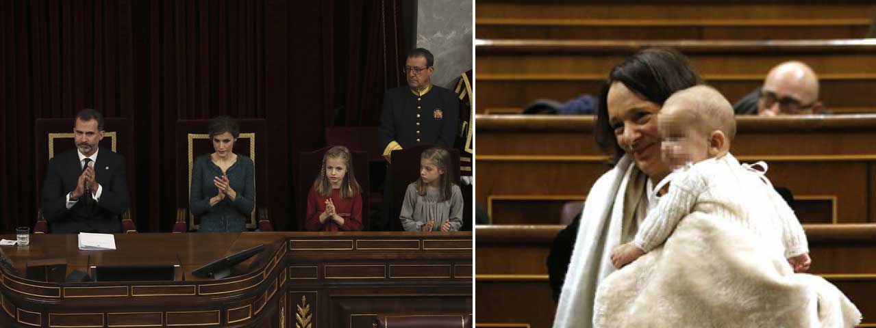 Las infantas en la apertura solemne de las Cortes Generales y una imagen de archivo de Bescansa con su bebé en la constitución del Parlamento.