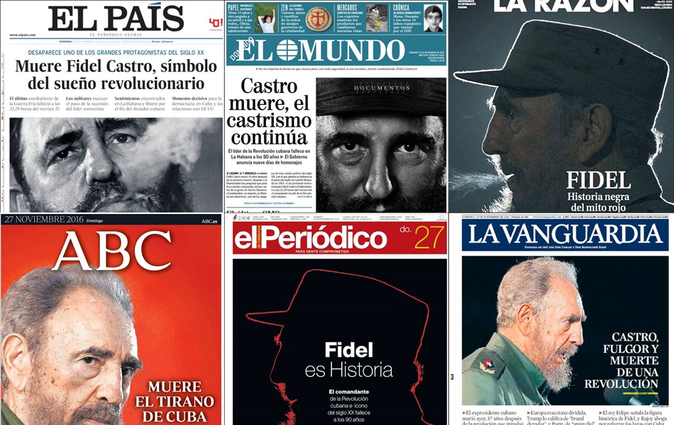 Todas las primeras páginas de los principales periódicos en papel llevan la muerte de Fidel Castro.