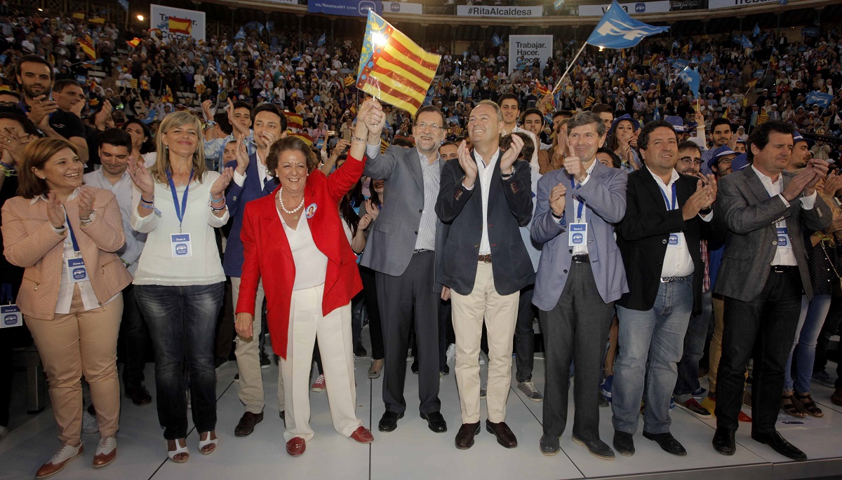 Rita Barberá, Mariano Rajoy y Alberto Fabra durante un mitin en Valencia fuente Flickr PP