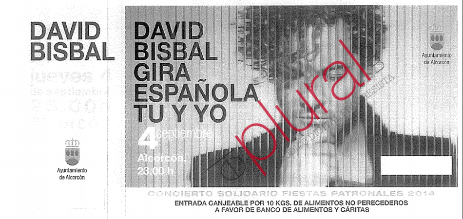 La entrada del "concierto solidario" enviada desde el Ayuntamiento de Alcorcón para que la oficina de David Bisbal le diera el visto bueno