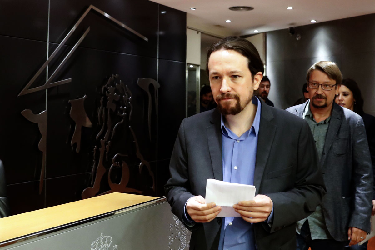 Pablo Iglesias, antes de comparecer en rueda de prensa en el Congreso de los Diputados. 