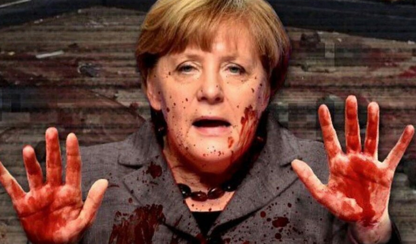 Merkel con las manos manchadas de sangre. 