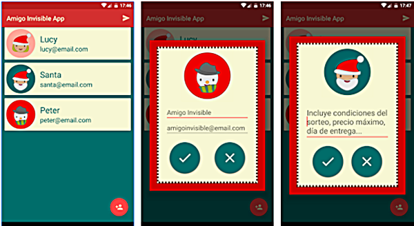 Imagen de algunas de las pantallas de esta aplicación para organizar el amigo invisible.