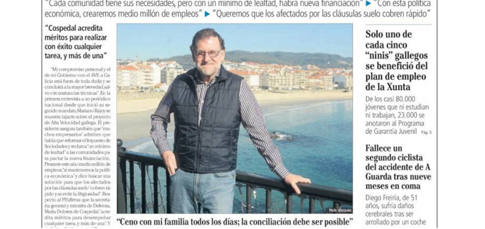 Detalle de la portada del 'Faro de Vigo' con la entrevista a Mariano Rajoy