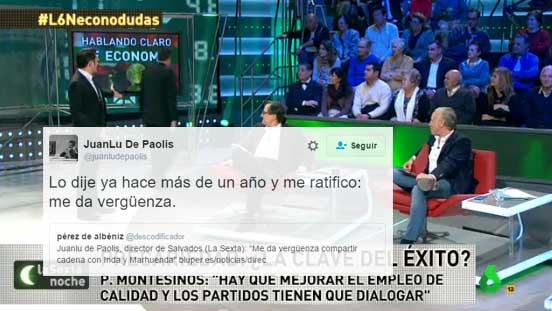 Montaje tuit de JuanLu de Paolis contra la Sexta Noche sobre el momento en que Juan Torres abandona el plató tras discutir con Inda