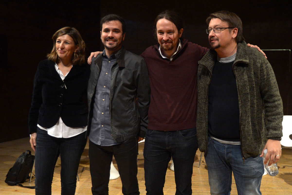 Pablo Iglesias, Alberto Garzón, Yolanda Díaz y Xavi Domènech en un acto en la Universidad Complutense