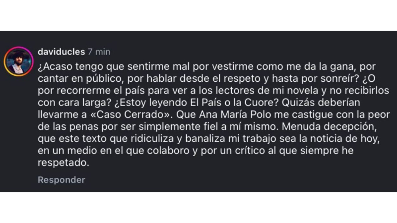David Uclés molesto por el artículo de ‘El País’. Instagram. David Uclés molesto por el artículo de ‘El País’. Instagram.