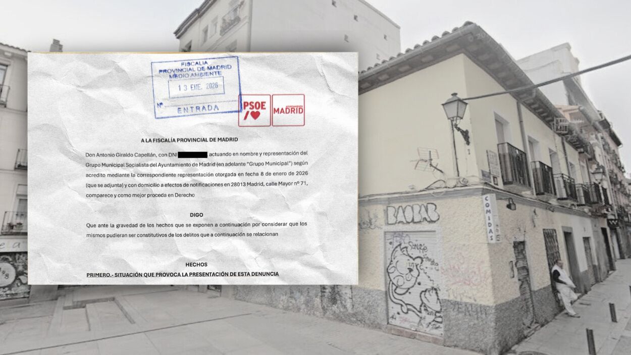 Fotomontaje con la denuncia presentada ante la Fiscalía Provincial de Madrid y el edificio afectado de Lavapiés. Elaboración propia.
