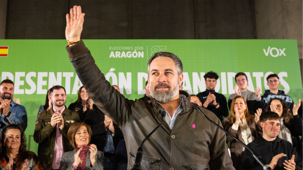 El presidente de Vox, Santiago Abascal, durante el acto de presentación de los candidatos de Vox a las elecciones de Aragón. EP.
