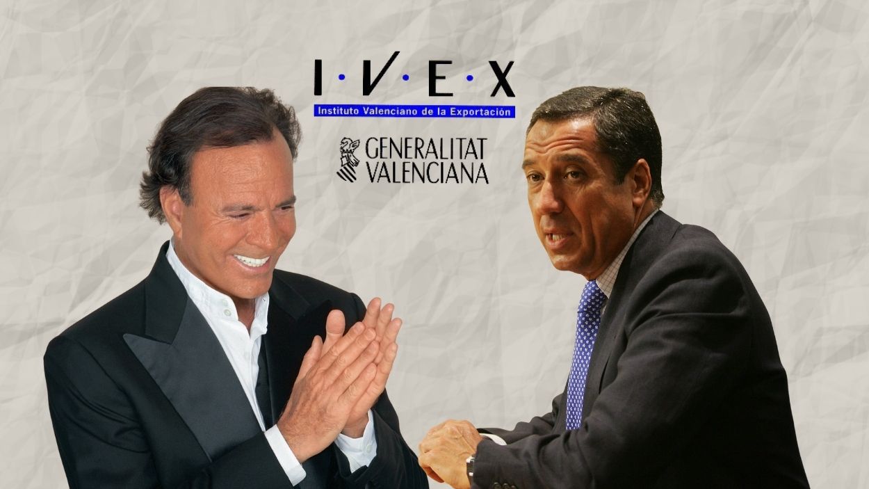 Fotomontaje de Julio Iglesias, Eduardo Zaplana y el logo del Instituto Valenciano de la Exportación (IVEX). Elaboración propia.