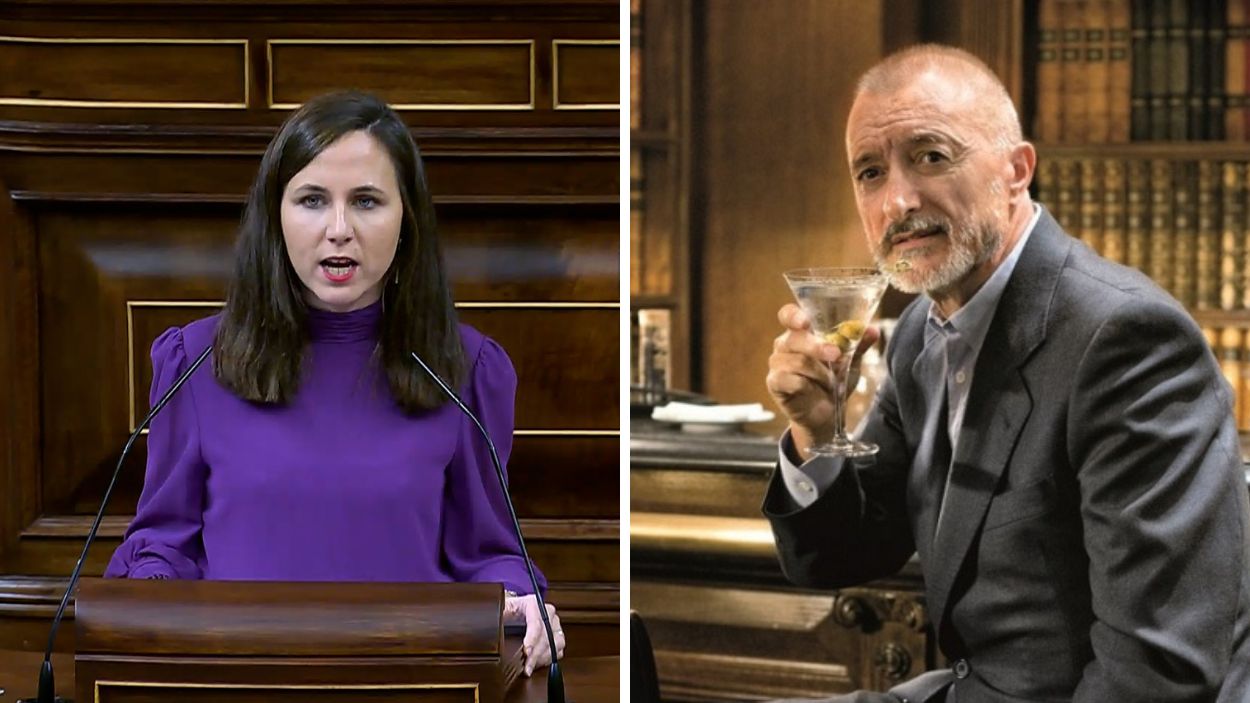La secretaria general de Podemos, Ione Belarra, y el escritor Arturo Pérez-Reverte. Elaboración propia.