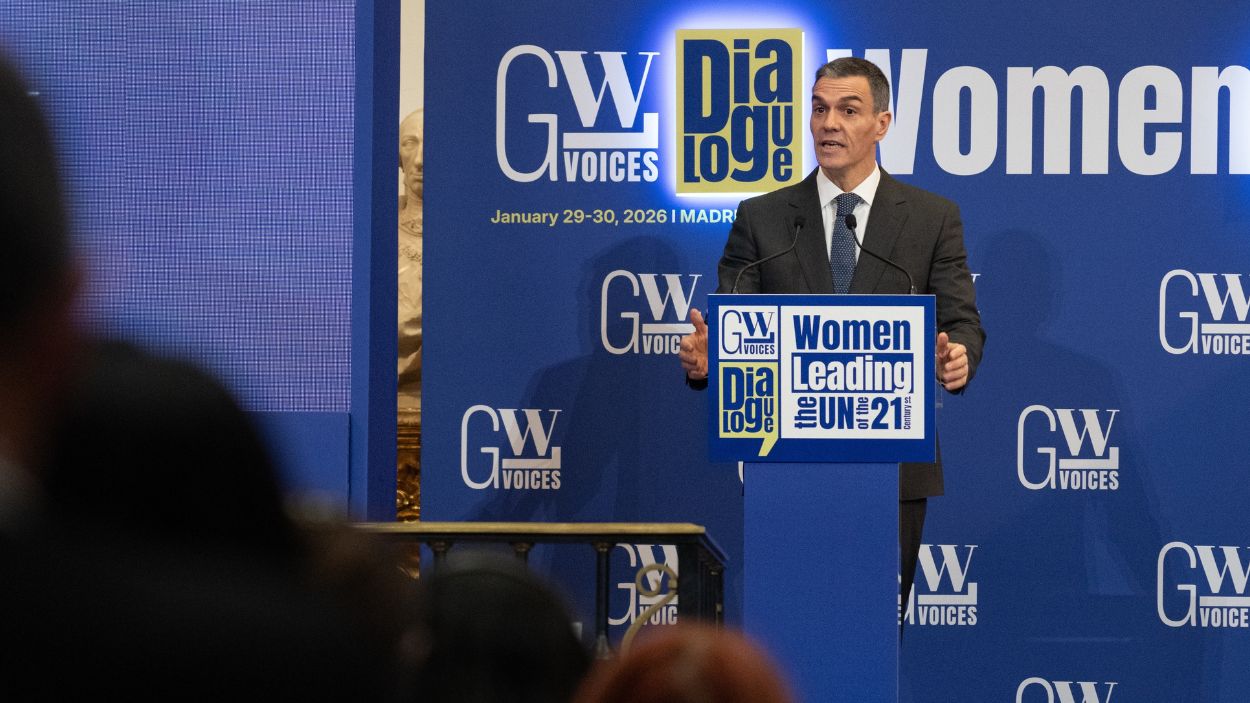 El presidente del Gobierno, Pedro Sánchez, interviene en el acto Mujeres liderando la ONU del siglo XXI, en la Real Academia de Bellas Artes de San Fernando, en Madrid. EP.