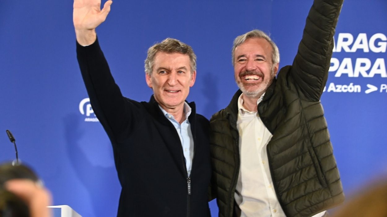 El presidente del PP, Alberto Nuñez Feijóo, y el candidato del PP a la reelección a la Presidencia del Gobierno de Aragón, Jorge Azcón. EP/Archivo.