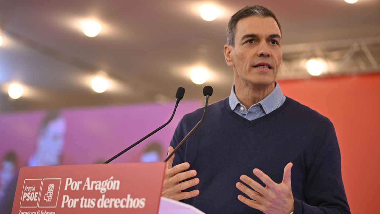El presidente del Gobierno, Pedro Sánchez, en el cierre de campaña del PSOE en Zaragoza, Aragón. EP.